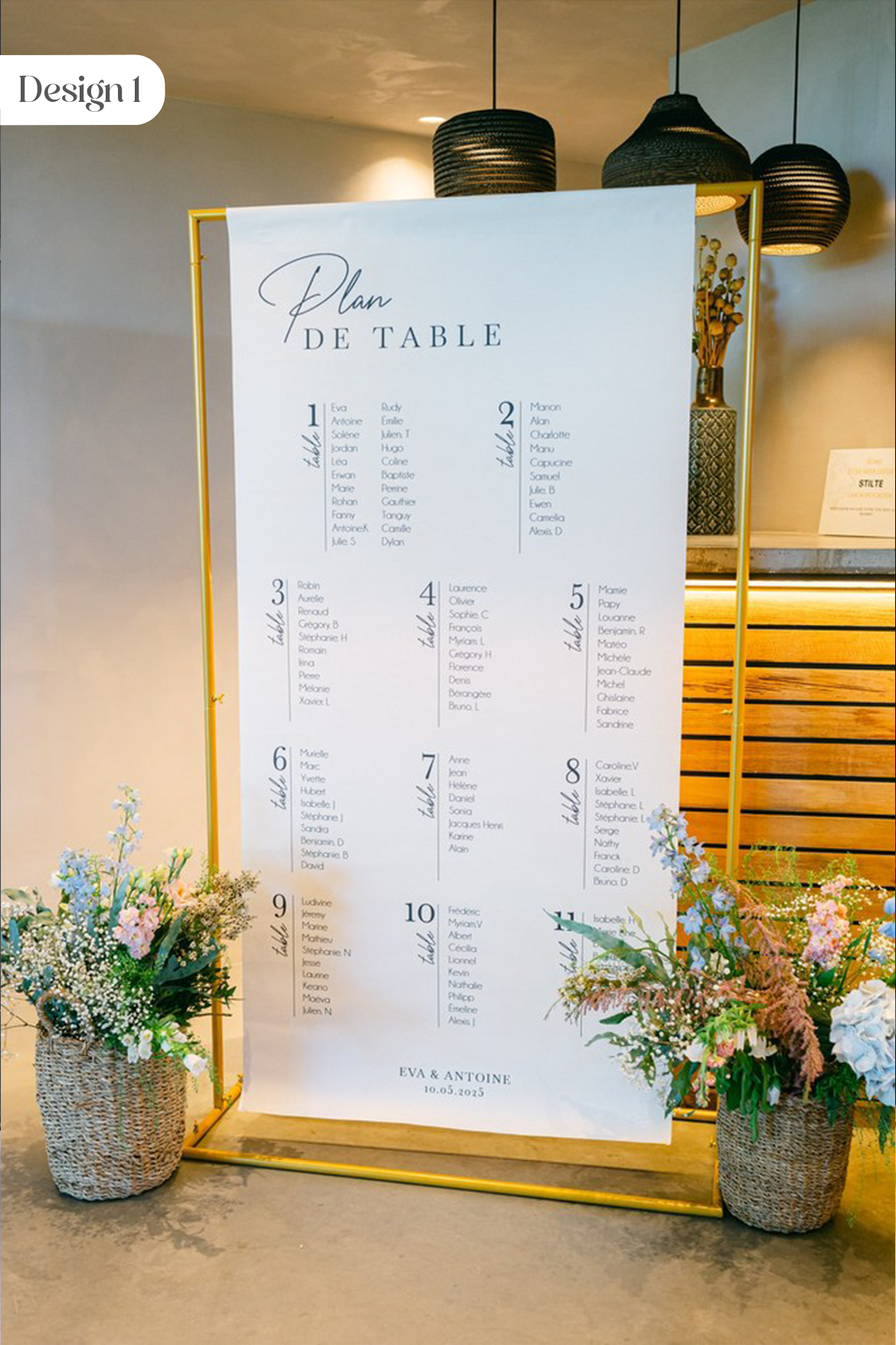 plan de table mariage 11 tables en toile lin 90x180 cm, personnalisé avec prénoms, date et lieu, design 1